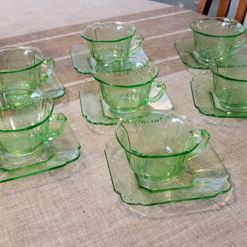 Vintage Green Depression Glass cups and saucers